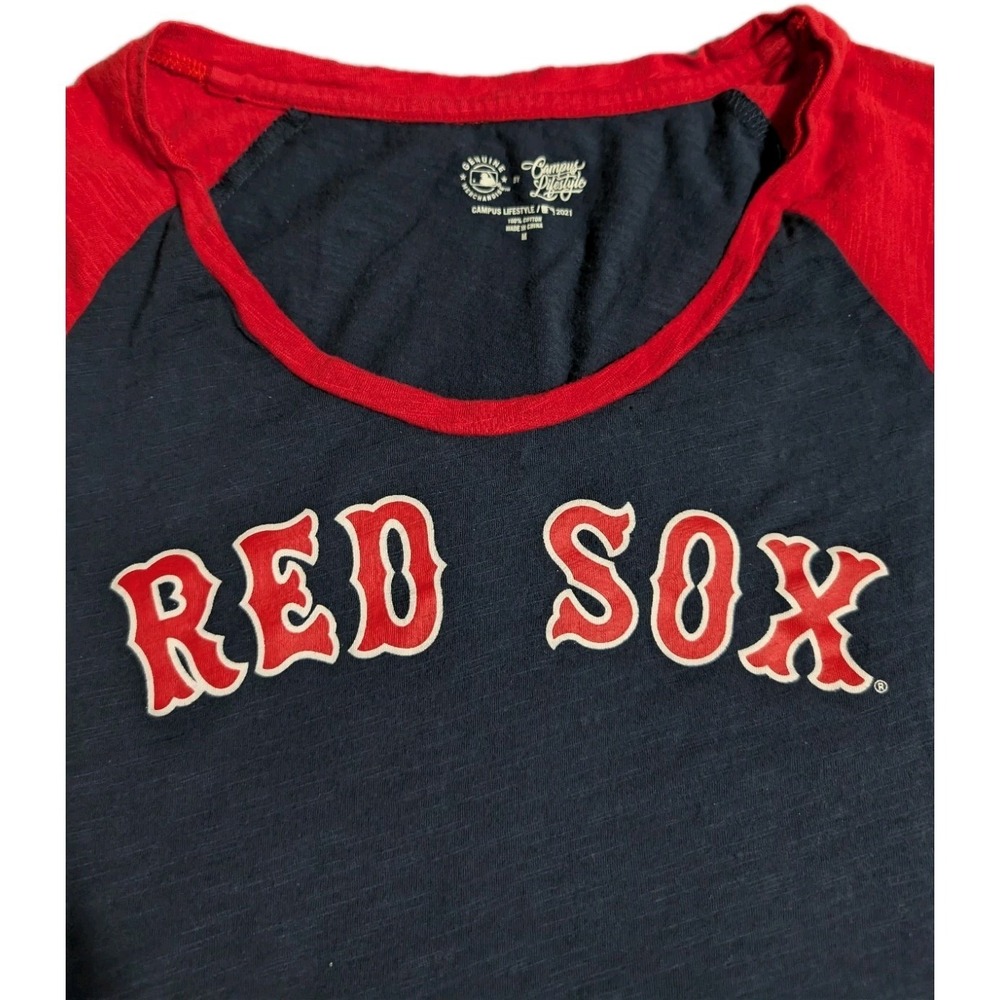 Boston Red Sox Womens Medium Raglan 3/4 Sleeve Shirt Navy Red Campus Lifestyle - Picture 2 of 7